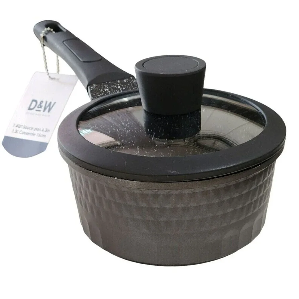 D&W Premium Cookware 7in‎ Saucepan Casserole Nonstick With Glass Lid 1.9QT Black